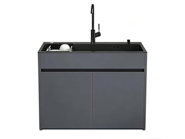 Moderne Spüleneinheit mit Stauraum für Studio und Balkon, schwarzes Nano-Edelstahlbecken mit Wabenaluminium-Unterschrank, Griffmulde, Überlaufschutz, inklusive komplettem Zubehör