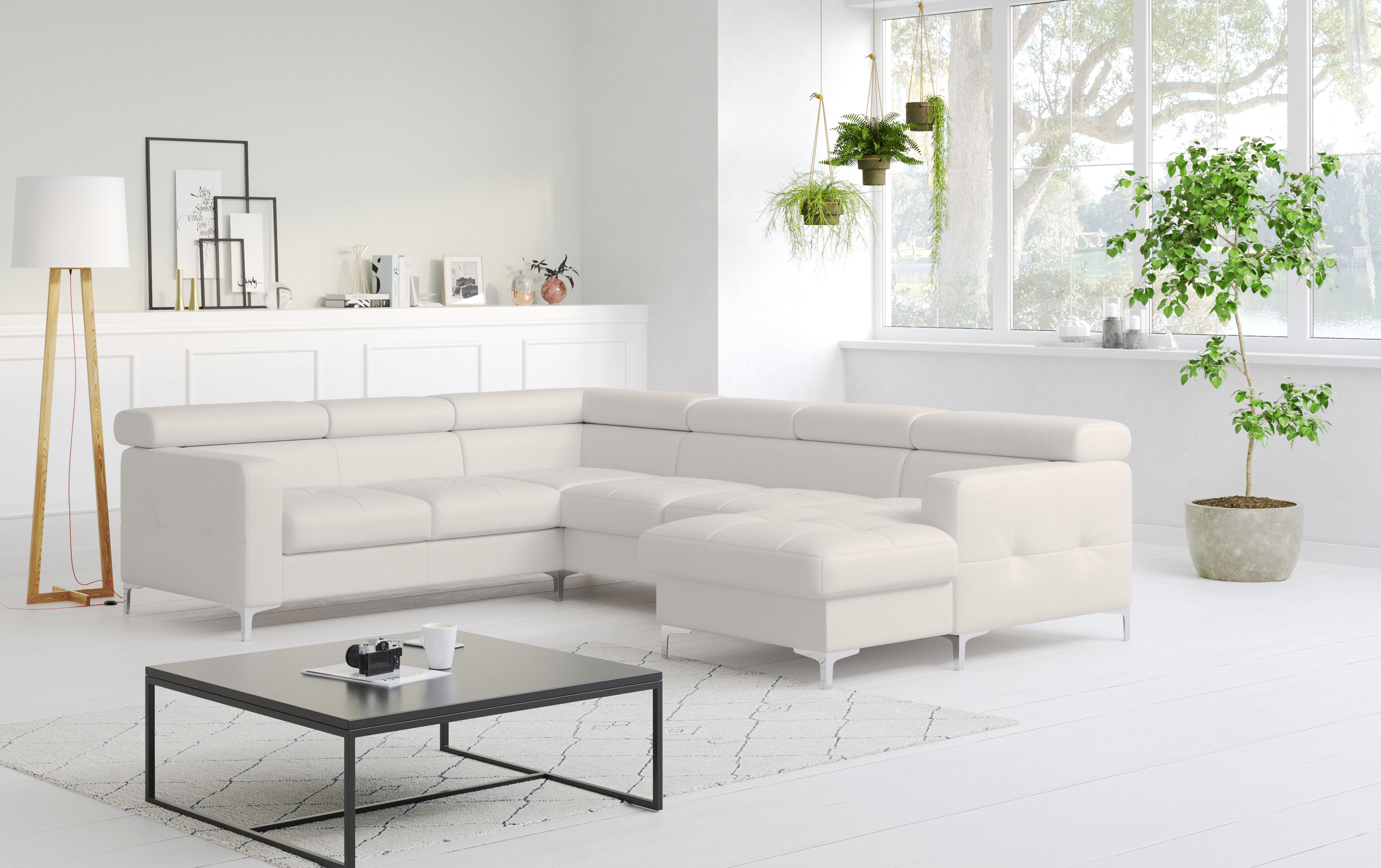Wohnlandschaft COTTA "Sammy U-Form, B: 304 cm", weiss (weiß), B:304cm H:74cm T:240cm, NaturLEDER, die Rückseite ist mit schwarzem und die Liegefläche der Bettfunktion ist mit beigem Spannstoff bezogen, Sofas, Wohnlandschaft, Kopfteilverstellung, optional 