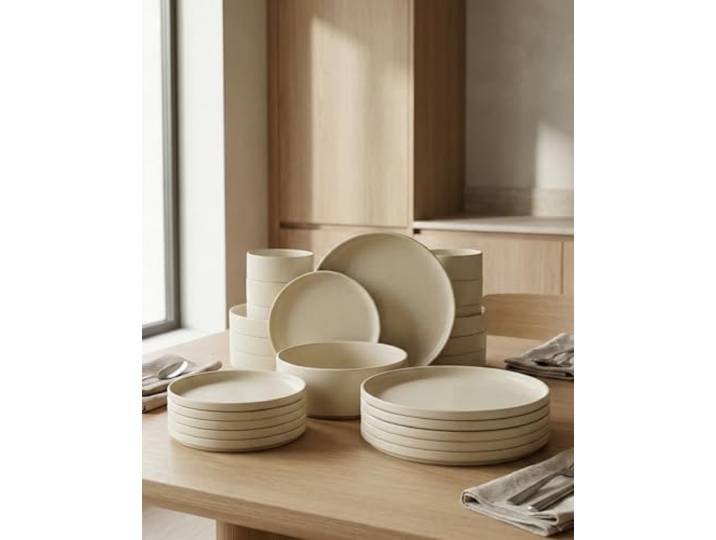 BAVARY Steinzeug-Geschirrset 25-tlg. für 6 Personen, Beige, Granit-Look Tafelservice, Teller, Schalen & Servierschale, außen matt, innen glänzend, stapelbar, spülmaschinen- & mikrowellengeeignet