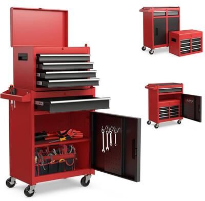 Garvee 2-in-1 5 Drawer Rolling Tool Chest with Wheels, Lockable Metal Storage Organizer, Tool Box and Cabinet, Red