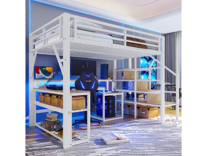 Lit mezzanine avec bureau - MODERNLUXE - 140x200 cm - Escalier de sécurité - Rambarde de sécurité - Bande lumineuse LED