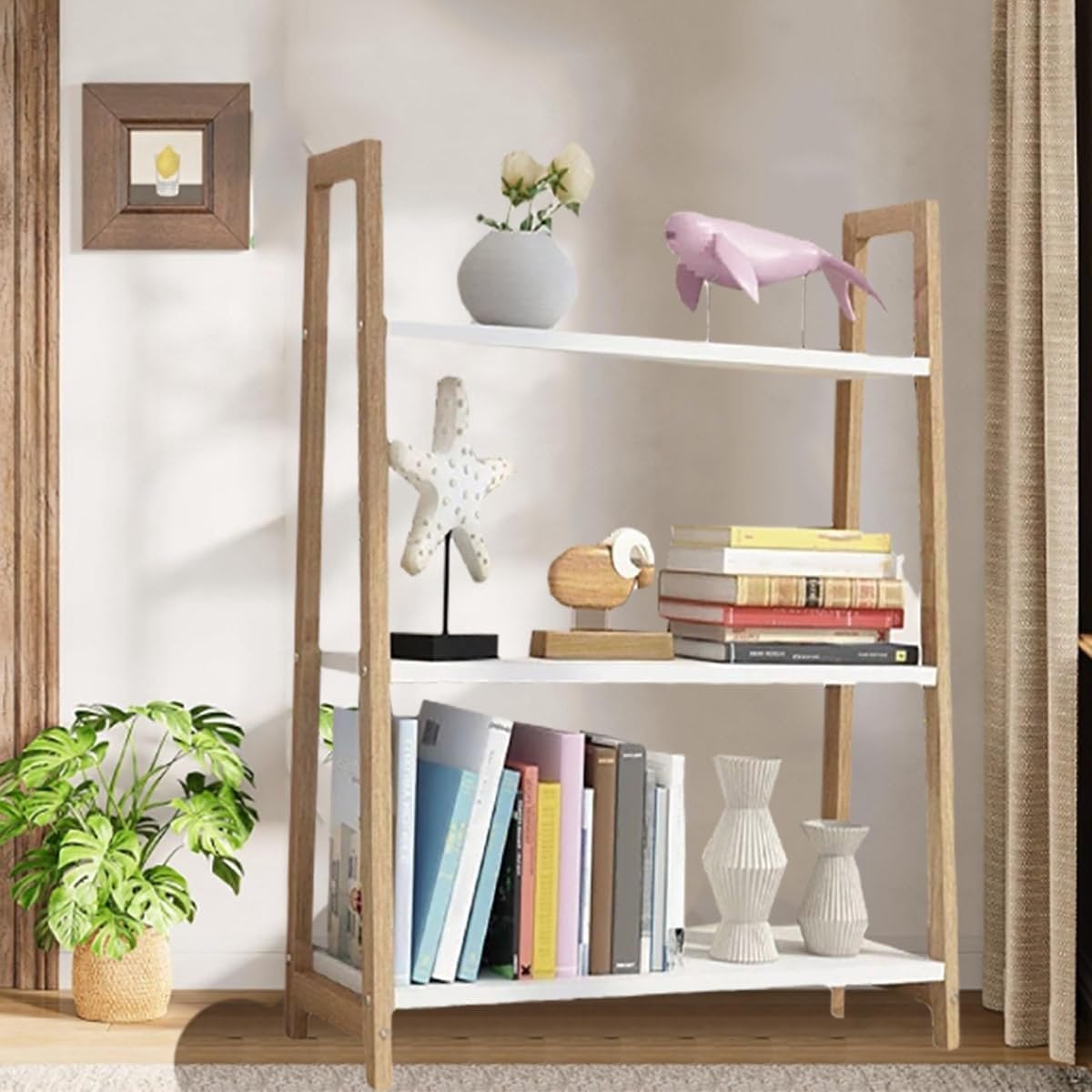 Natuurlijke houten ladder boekenplank voor in de woonkamer, slaapkamer of werkkamer, Hoogte: 90 cm