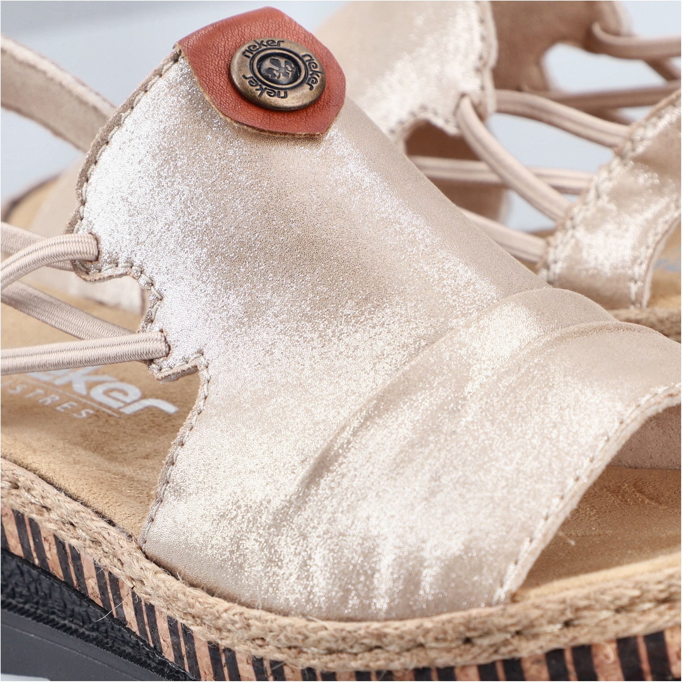 Plateausandale RIEKER, Damen, Gr. 41, Textil, goldfarben, Lederimitat, metallic, Schuhe Plateausandale, Sommerschuh, Sandalette, modisches Plateau