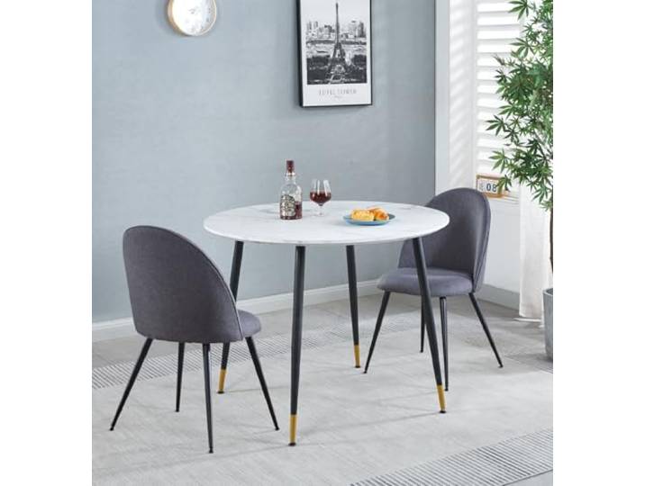 Hallowood Furniture Finley Kleiner runder Esstisch und Stühle 2er-Set, weißer Marmoreffekt Küchentisch und dunkelgraue gebogene Rückenlehne, Esstisch-Set für Zuhause, Büro und Café