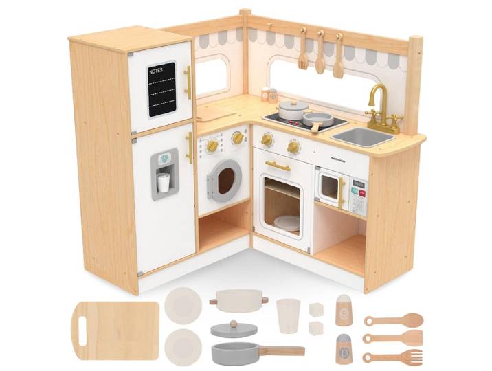 Mamabrum, ensemble de jouets éducatifs pour enfants de 3 ans et plus, comprenant un coin de cuisine en bois XXXL interactif et des accessoires, de type Montessori.