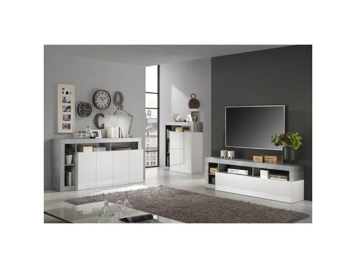 ARTURO - Ensemble Buffet 4P + Meubles TV et Bar Blanc Laqué Niches Aspect Cimento