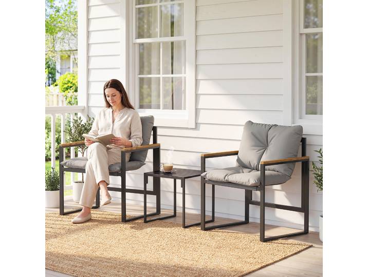 Outsunny Ensemble Bistro 3P Métal Jardin 2 Pers avec Coussins