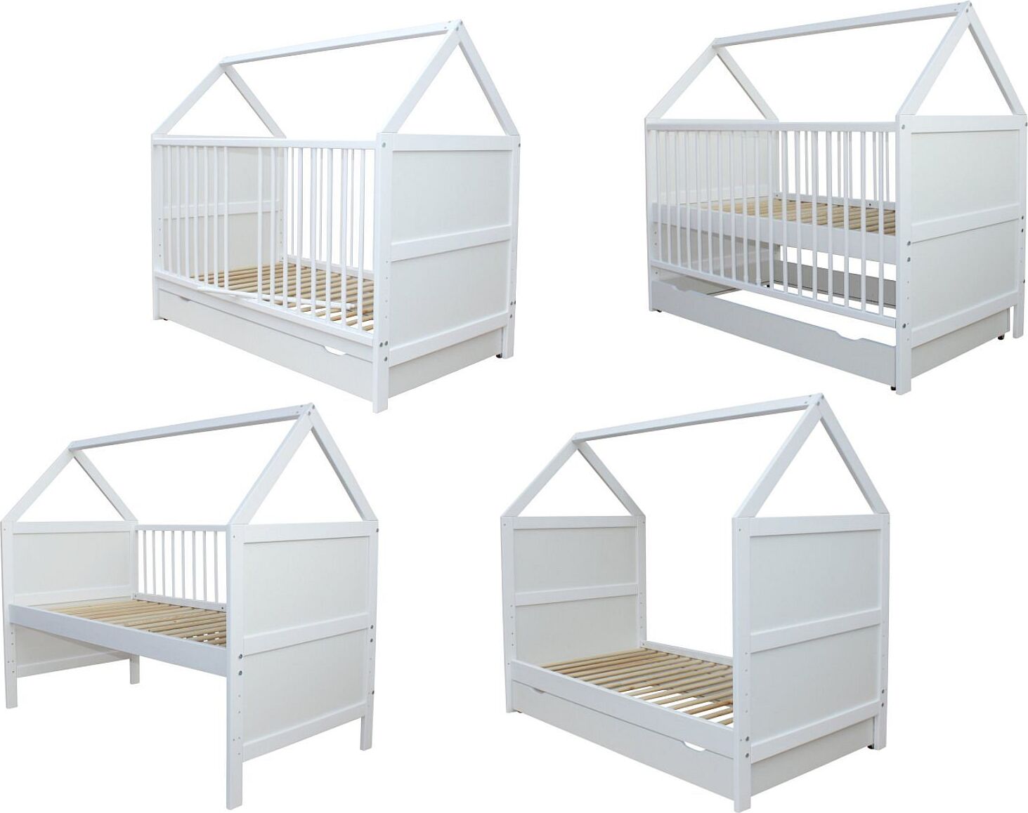 Babybett Kinderbett Juniorbett Bett Haus 140x70 cm umbaubar mit Schublade weiss