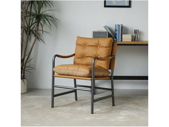 WUVRIE Fauteuil de salon en cuir marron structure en métal noir avec accoudoirs style mid-century modern