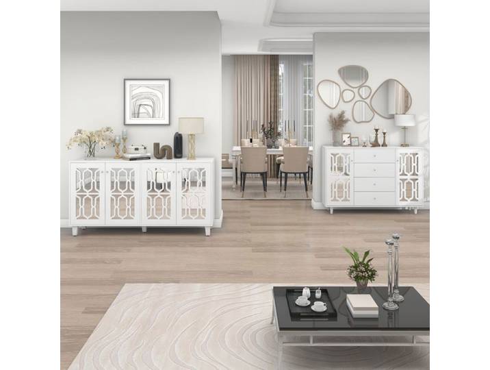 Buffet - Buffet en miroir blanc avec poignées en cristal cool - quatre portes - avec stratifié mobile -160 x 40 x 84cm