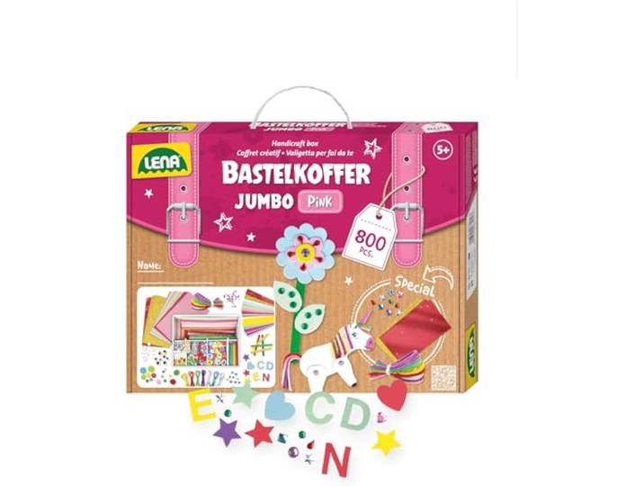 Lena Jumbo Bastelkoffer mit 800 Teilen, Bastelset bestehend aus Papier, Moosgummi, Pfeifenreiniger, Strasssteine, Wackelaugen, Pompons und Knöpfe, Pastellfarben mit Pink-Tönen, ab 5 Jahren