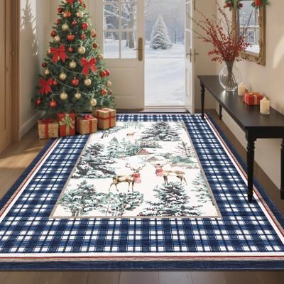 Garvee Christmas Winter Tree Deer Decorative Area Rug