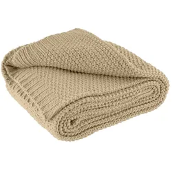 wometo Kuscheldecke Strick OEKO-TEX 140x190 beige - warme weiche Strickdecke mit edlem und schlichten Strickmuster