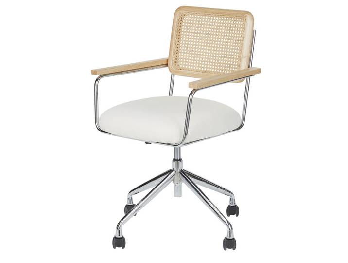 Chaise de bureau réglable à roulettes écrue et cannage en rotin