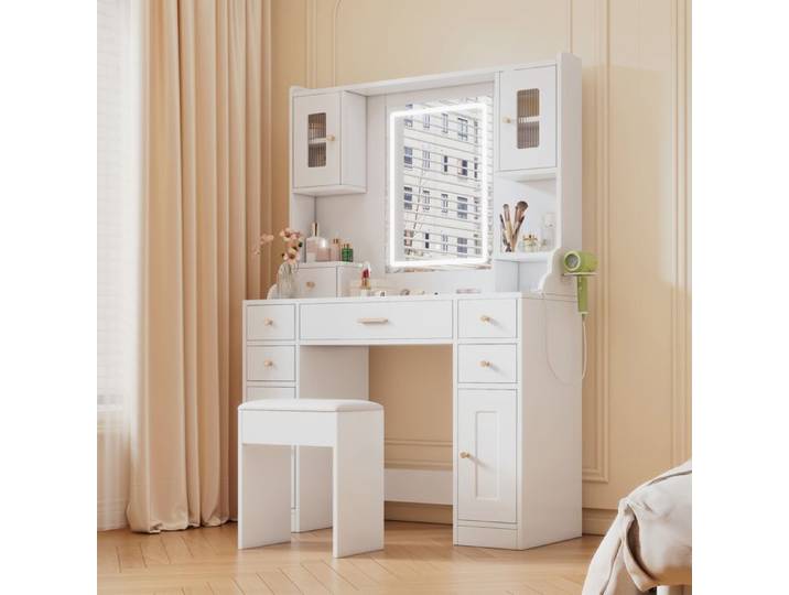 ZUBALIYA Grande coiffeuse avec éclairage LED réglable et prise électrique miroir 6 tiroirs et 4 portes blanc 105 × 152 × 40 cm
