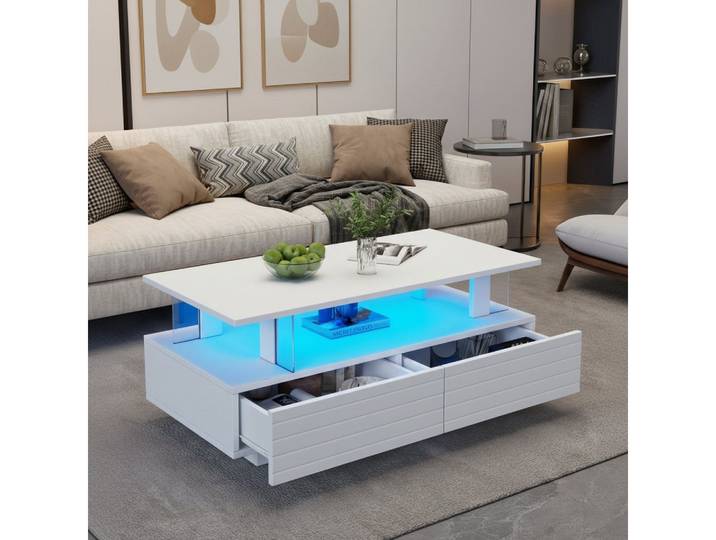HAUSS SPOLE Couchtisch mit LED-Beleuchtung, Bluetooth-Handy-App-Steuerung für Wohnzimmer Weiß (Satztisch, Beistelltisch, 1-St., 2 Schubladen), Acryl-LED-wohnzimmertisch, mit Bluetooth-Handy-App-Steuerung