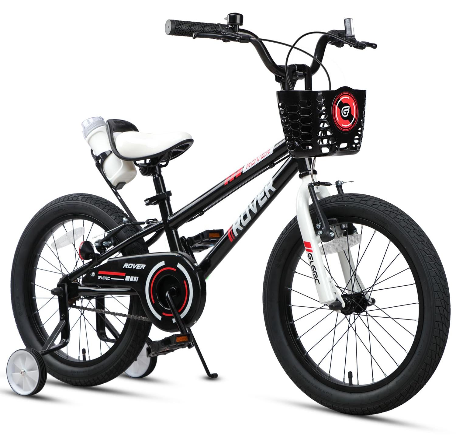 18-Zoll-Kinderfahrrad mit Stützrädern, Korb und Flasche, schwarz