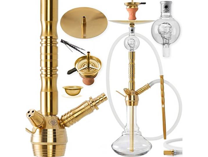DILAW® Shisha Set Saphir Gold, Edelstahl 75cm Wasserpfeife Profi Hookah Komplett Set bis 3 Anschlüsse inkl. Bowl, Kaminkopf, Molassefänger, Silikonschlauch, Alu Mundstück, Tonkopf, Kaminaufsatz, Zange