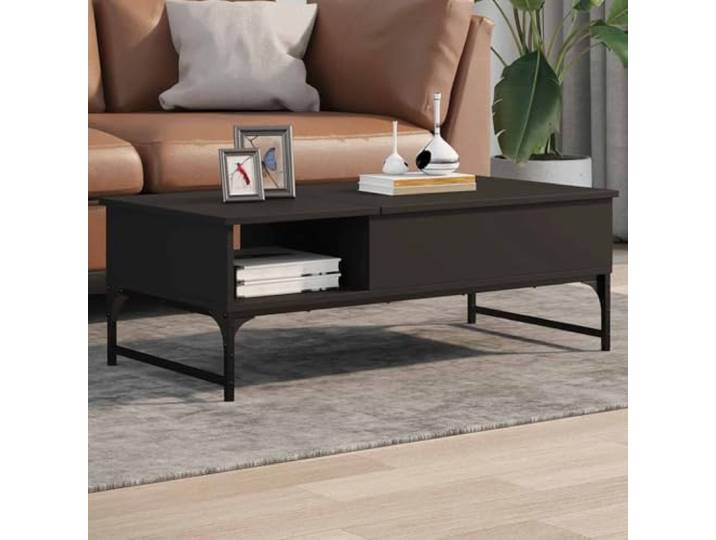 HEFZGDB Couchtisch Schwarz 100x50x35 cm Holzwerkstoff und Metall mit verstecktem Staufach und verstellbaren Füßen für Stauraum und Stabilität im Wohnzimmer