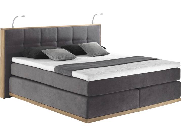 Boxspringbett, Eiche, Grau (Charcoal), 220×213 cm, Mit LED-Beleuchtung, Modern/Vintage