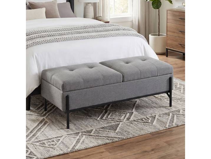Banc coffre en lin 117 x 50 x 44 cm avec 2 compartiments couvercles rabattables et rembourrage épais