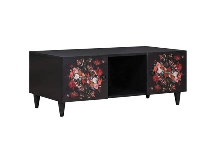 LASWWQMRF Couchtisch Massivholz Mango Mehrfarbig 100x54x40 cm Stilvoller Wohnzimmertisch aus Mangoholz mit 3 Staufächern, elegantem Blumenmuster und edlen Messingknöpfen.