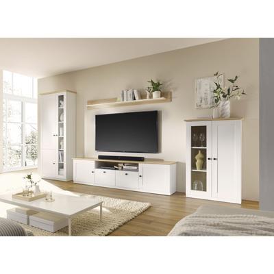 Wohnwand OTTO HOME "Brest, Anbauwand im Landhausstil, Komplettset, Wohnzimmer-Set", weiß (weiß matt, eiche geölt dekor), B:387cm H:200cm T:43cm, Holzwerkstoff, Kastenmöbel-Sets, Wohnwand, enthält Vitrinen, Lowboard + Wandboard