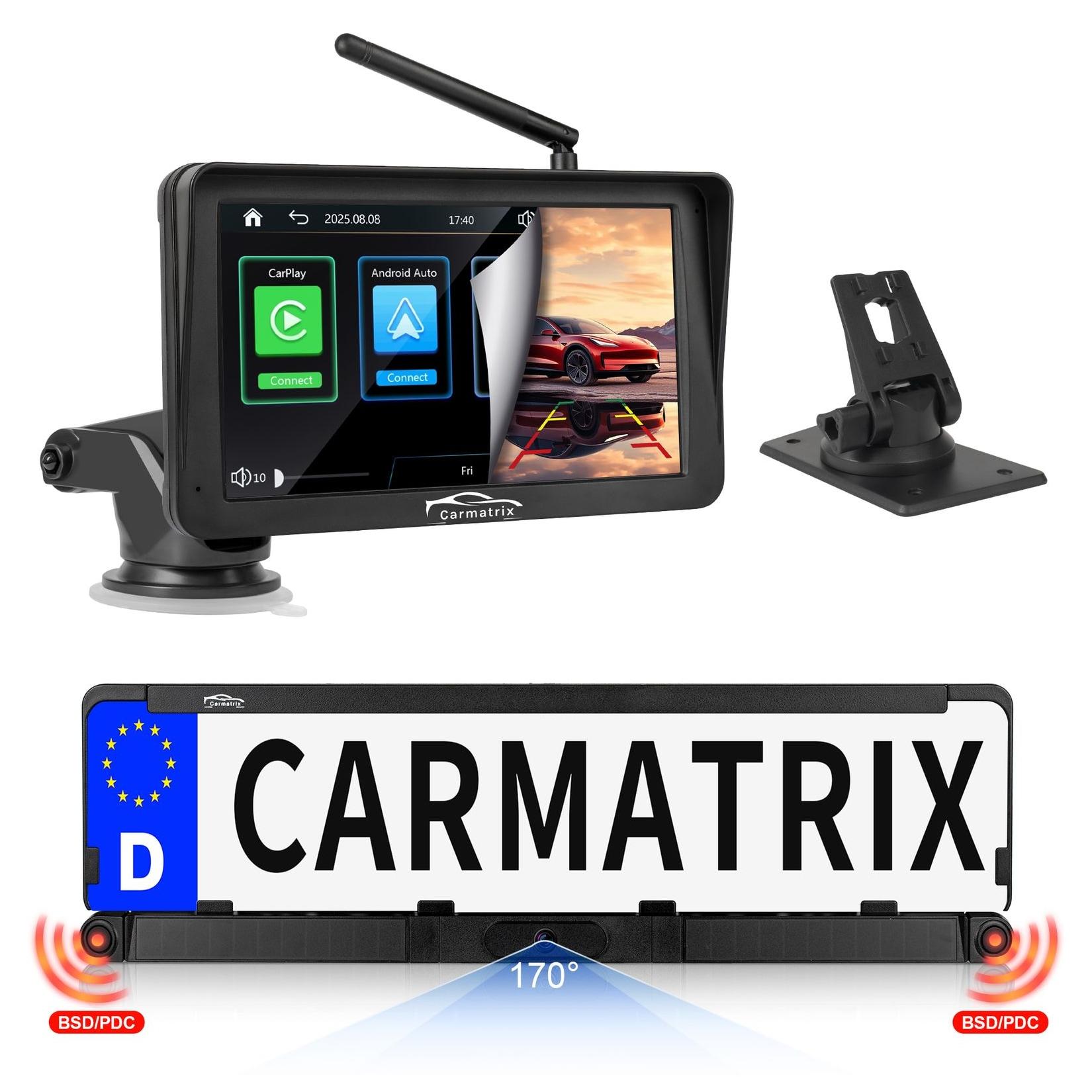 CARMATRIX Solar Rückfahrsystem PDC Einparksensoren mit Android Auto und Apple CarPlay