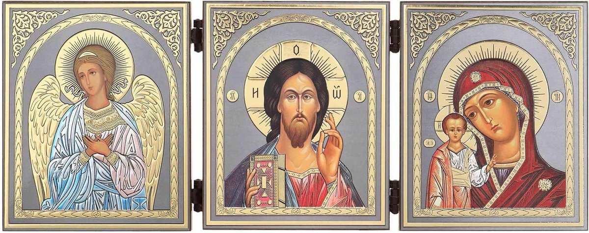 Houten Icoon Drieluik Kazan GM Jezus Engel met Gouden Reliëf Versiering, 31 x 12 cm