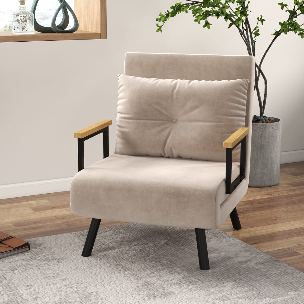 Homcom Fauteuil convertible dossier inclinable accoudoirs bois velours beige Beige 63x81x73cm