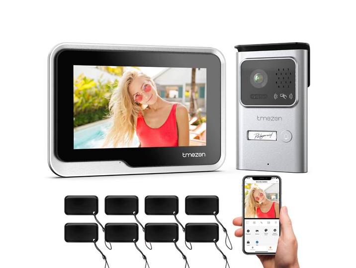 TMEZON-Interphone vidéo Wi-Fi à 2 fils, sonnette, écran tactile 7 1080P, moniteur, capteur/balayage/carte 4 en 1, déverrouillage de l'application Tuya