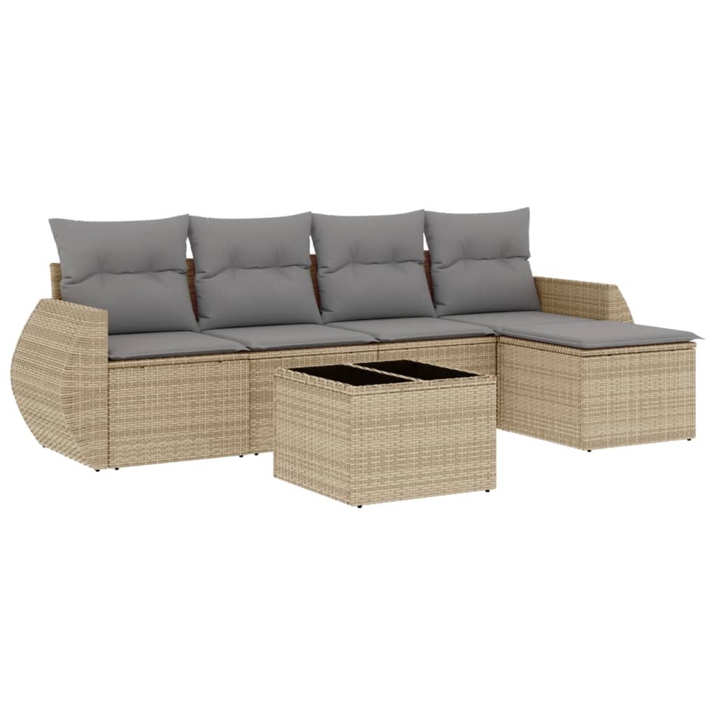 6-tlg. Gartenmöbel-Set, Sofa-Lounge mit Stauraum, Poly Rattan Beige, Hartglas-Tisch, Hellgraue Kissen, UV-beständig