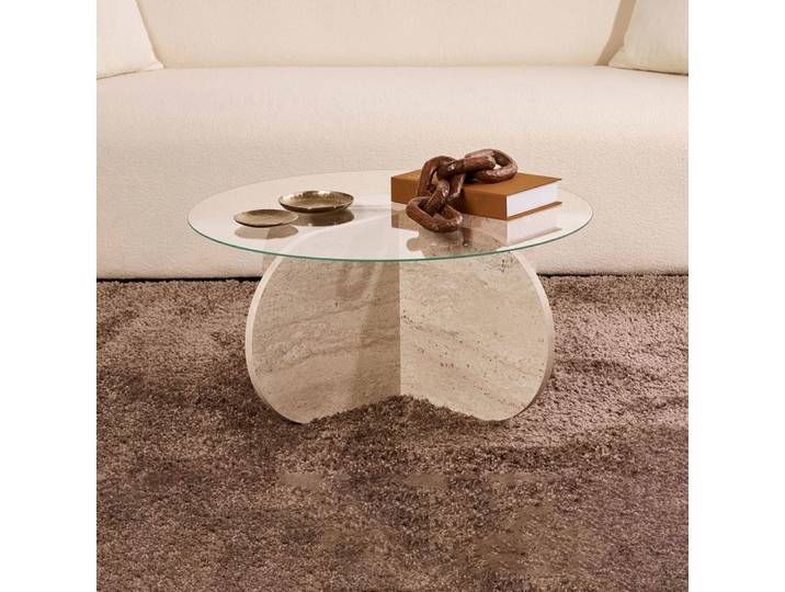Table basse ronde 75x75x35 cm en verre et décor travertin - kori