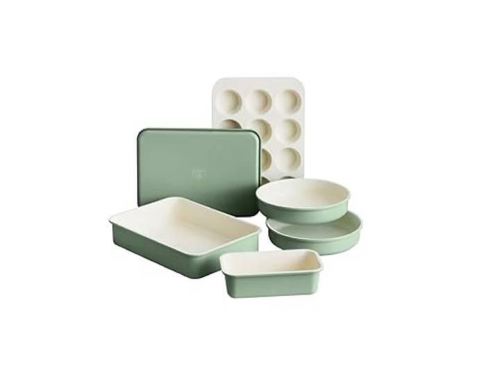 GreenLife 6-teiliges Antihaft-Backformen-Set, ungiftig, PFAS-freie Keramik, Ofenpfannen, spülmaschinen- und ofenfest bis 230 °C, leicht zu lösen, Backblech, Kastenform, rechteckiger und runder Kuchen