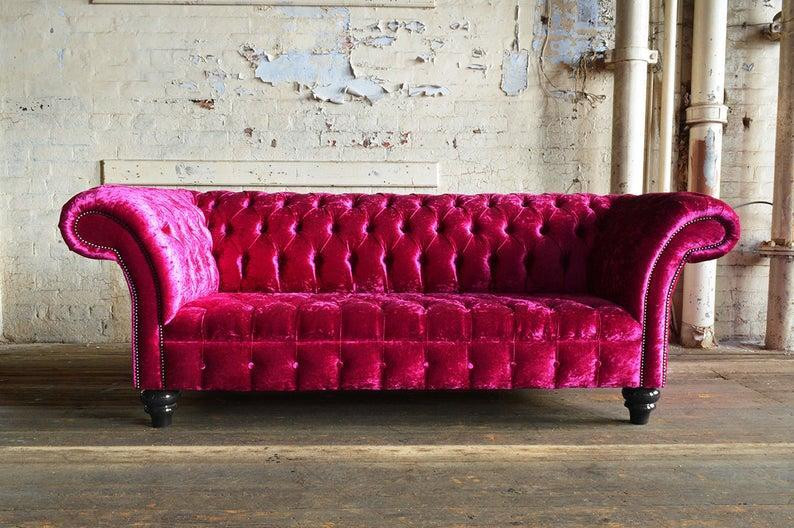 Chesterfield XXL 3-zits bank in leer, roze