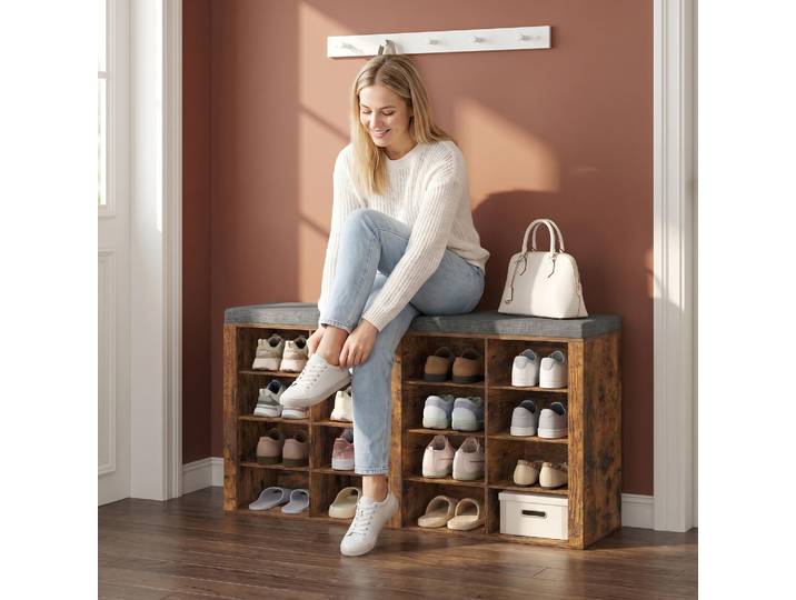 Banc de rangement pour chaussures Hzuaneri avec siège rembourré, 16 compartiments ouverts, étagères réglables, armoire à chaussures avec coussin pour couloir