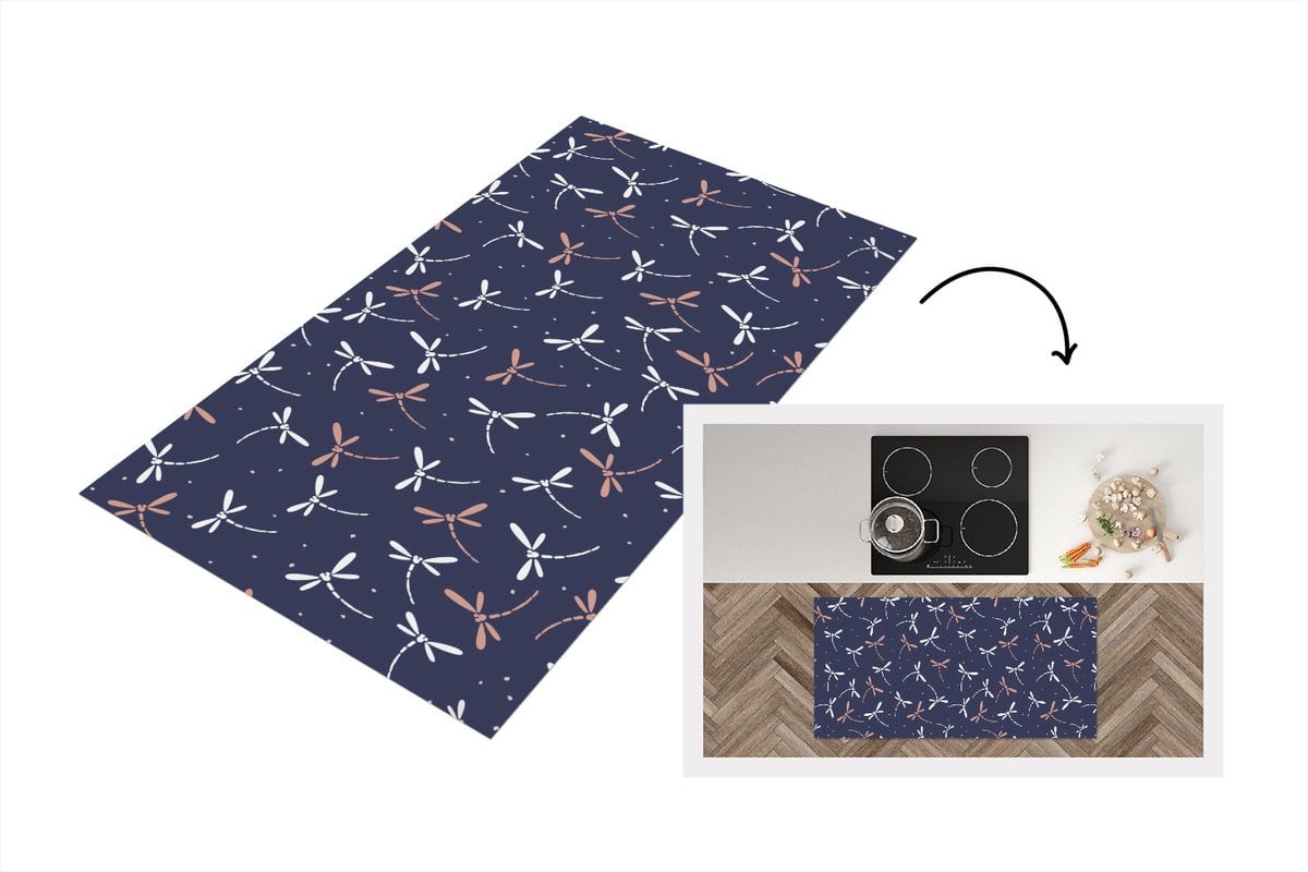 KitchenYeah Keukenloper Libelle - Vinyl - Pastel - Japans - Bloemenpatroon - 120 x 60 cm