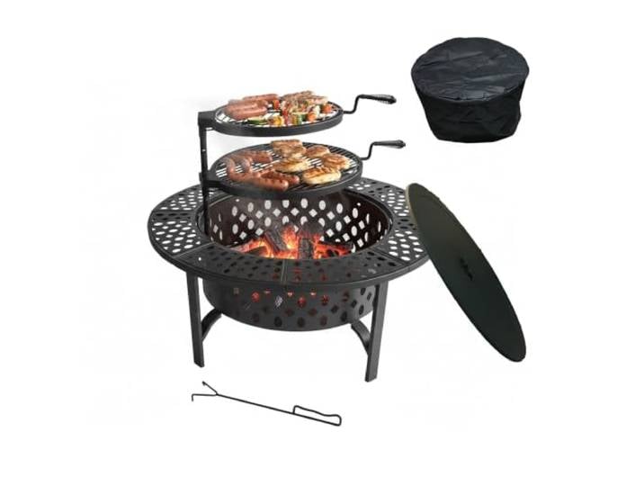 Brasero Relaxdays\, Ø 92 cm\, 2 grilles pivotantes\, Couvercle\, tisonnier & Housse\, Jardin\, Noir