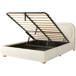 MODFU Polsterbett aus Bouclé in Beige mit hydraulischem Stauraum, gepolstertem Kopfteil und Lattenrost