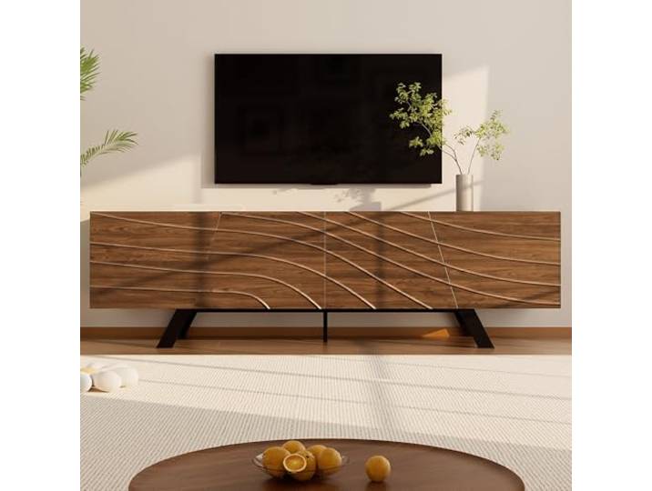 RAPRAP TV Schrank Holz mit Wellenfront Walnuss-Look, 160cm TV Lowboard Stehend Mit Eisenbeinen & Kabelmanagement, Modern Fernsehschrank, TV Sideboard mit 3D-Struktur,160cm c