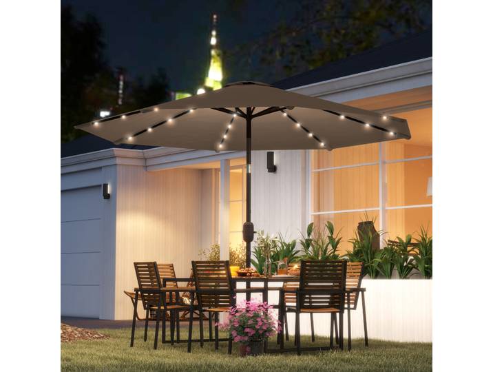 Outsunny Parasol Ø265cm LED Solaires Manivelle Acier Kaki