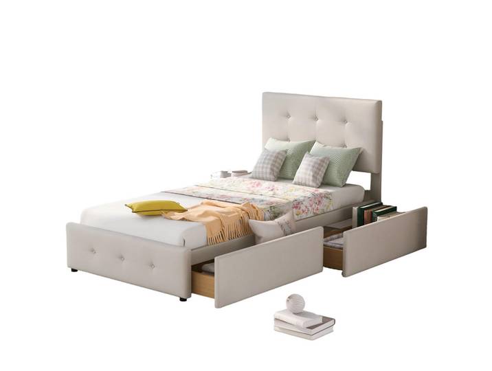 Shopentra Einzelbett 90x200 Samt Mit Stauraumschublade Stabil Lattenrost, Creme, Holz, Schlafzimmer, Betten, Polsterbetten