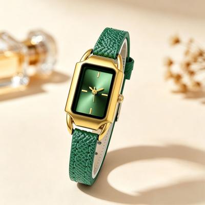 Fusion Finds Women's Rectangle Quartz Watch With PU Leather Strap Elegant Minimalist Casual Wristwatch green