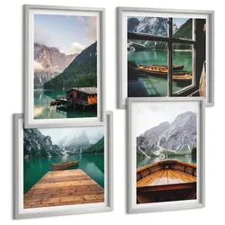 BILDER SET 4er Set - 50x50 cm & 40x60 cm Silberner Rahmen - Berglandschaften, Ferienhäuser, Boote