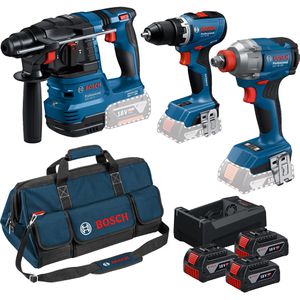 Bosch Combo-Kit 0615A50093, 18V Akku, inkl. GSR, GDX, GBH, 3 Akkus, Ladegerät & Tasche