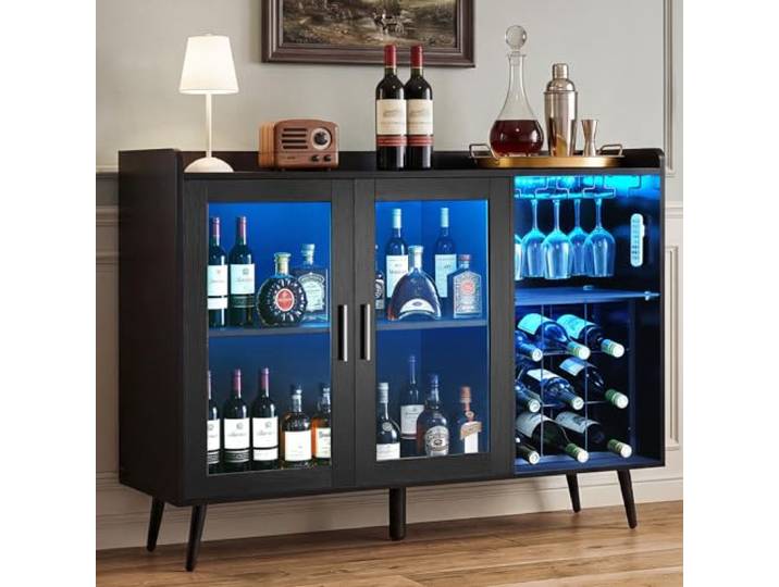 VEVOR Weinschrank mit Gläserhaltern, Buffet-Sideboard mit Dimmbarer LED-Beleuchtung und Flaschenregalen (für 9 Flaschen), Barschrank für Küche, Wohnzimmer und Esszimmer Weinbarschrank Schwarz