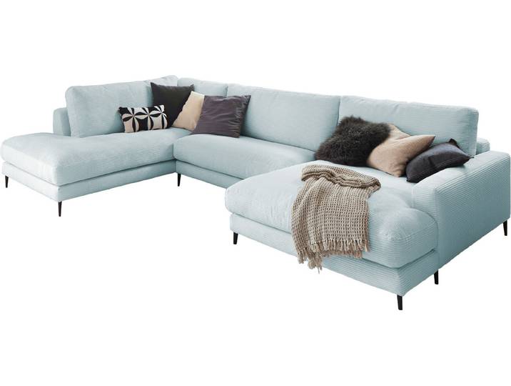 KAWOLA Sofa CARA Wohnlandschaft U-Form Cord hellblau Longchair rechts