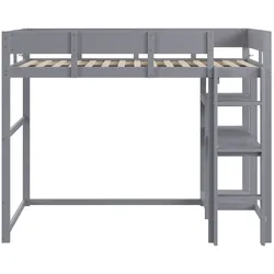 OKWISH Hochbett Holz Grau 90x200 cm mit Ablageregal, Schutzgeländern und Lattenrost, Gesamtmaß 204x96x160 cm