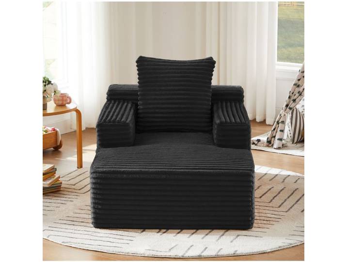 Méridienne convertible 1 place AESVAR en velours côtelé noir fauteuil relax sans montage