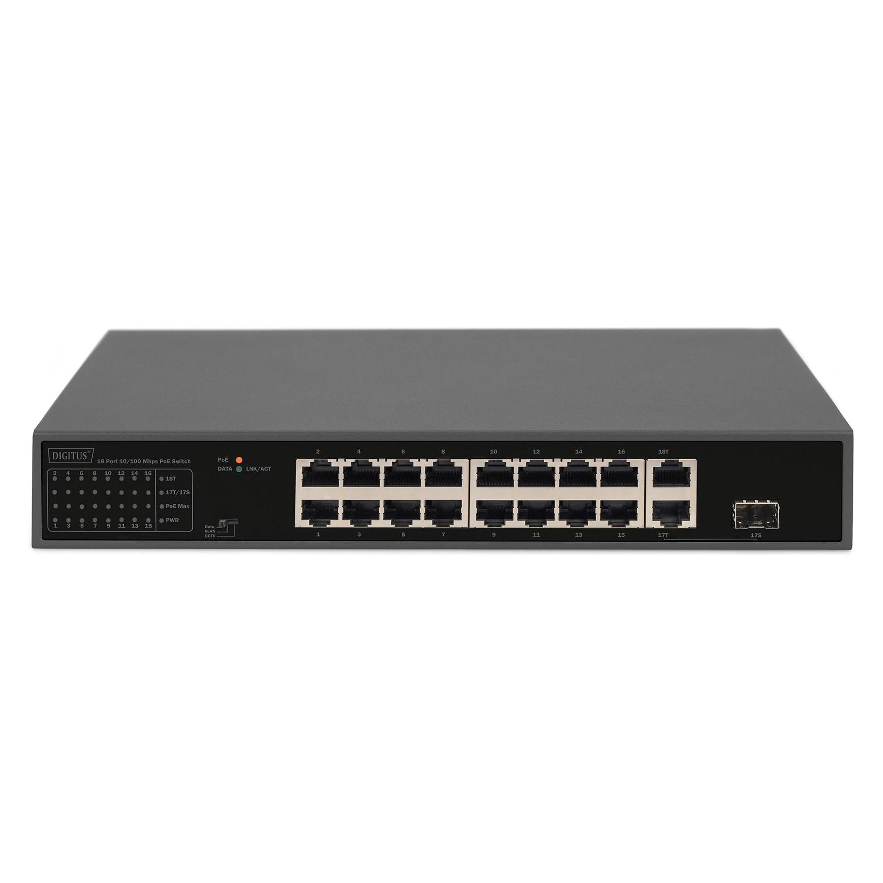 Digitus 16 Port FE PoE Switch, 2 GE Uplinks (RJ45 / SFP) (16 Ports) (DN-95355)